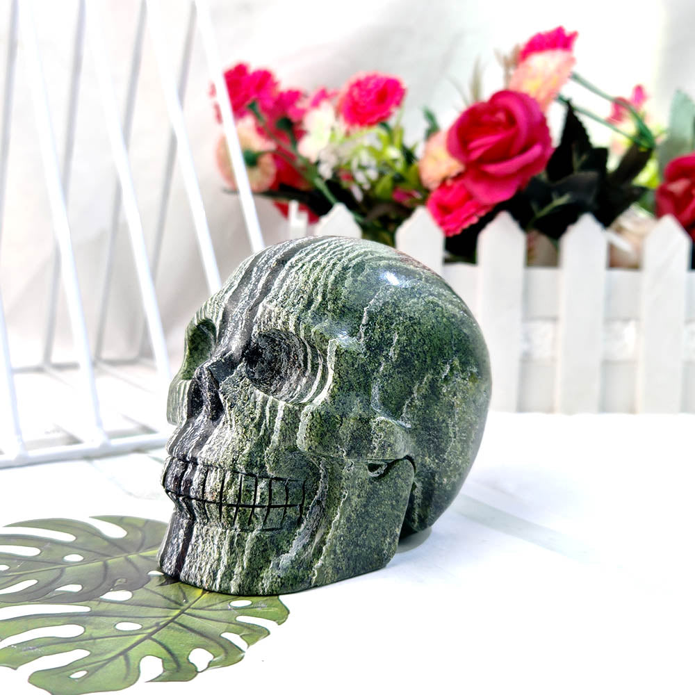 Green Zebra Jasper Skull Carving