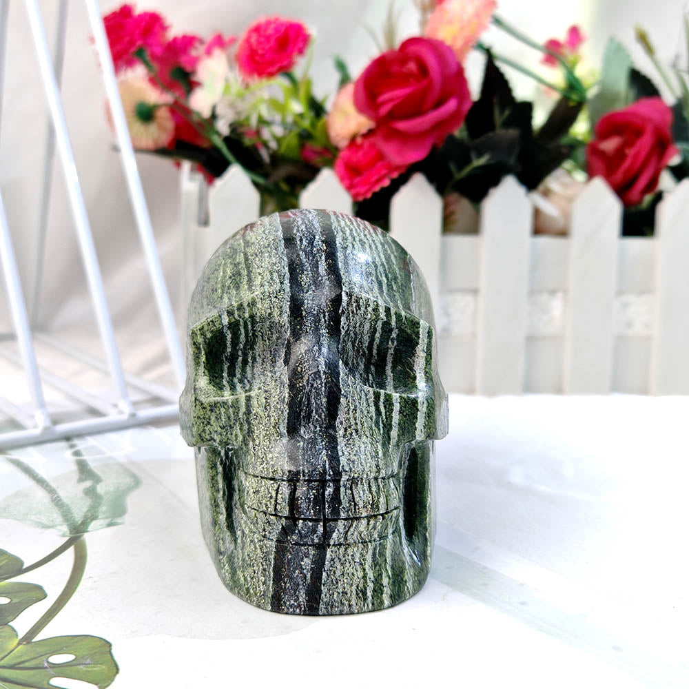 Green Zebra Jasper Skull Carving