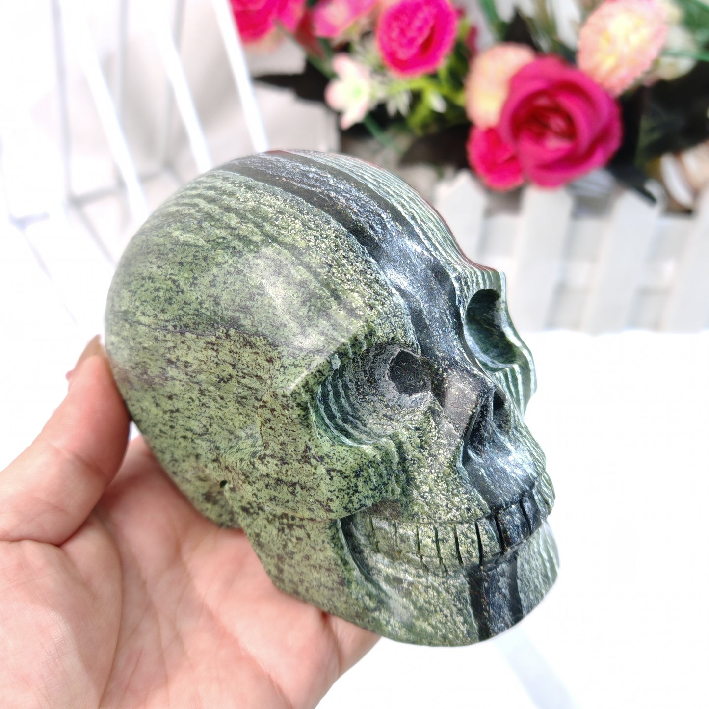 Green Zebra Jasper Skull Carving