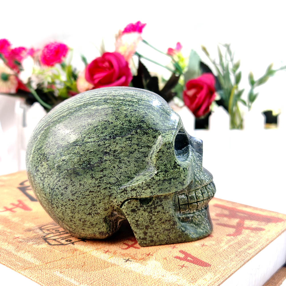 Green Zebra Jasper Skull Carving