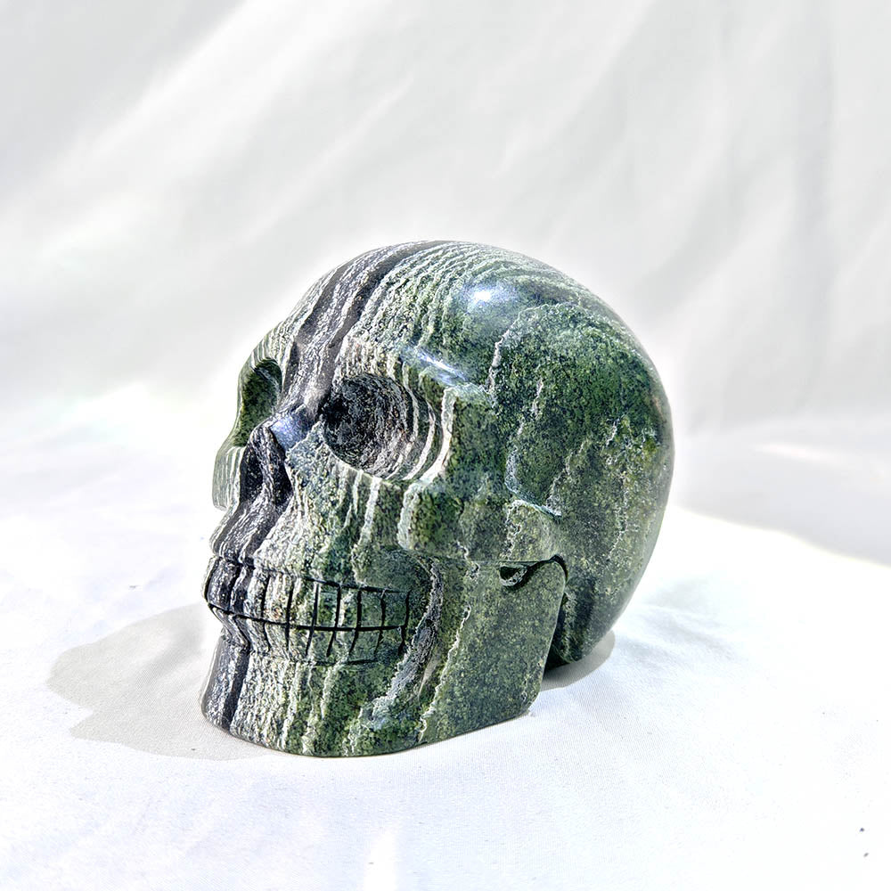 Green Zebra Jasper Skull Carving
