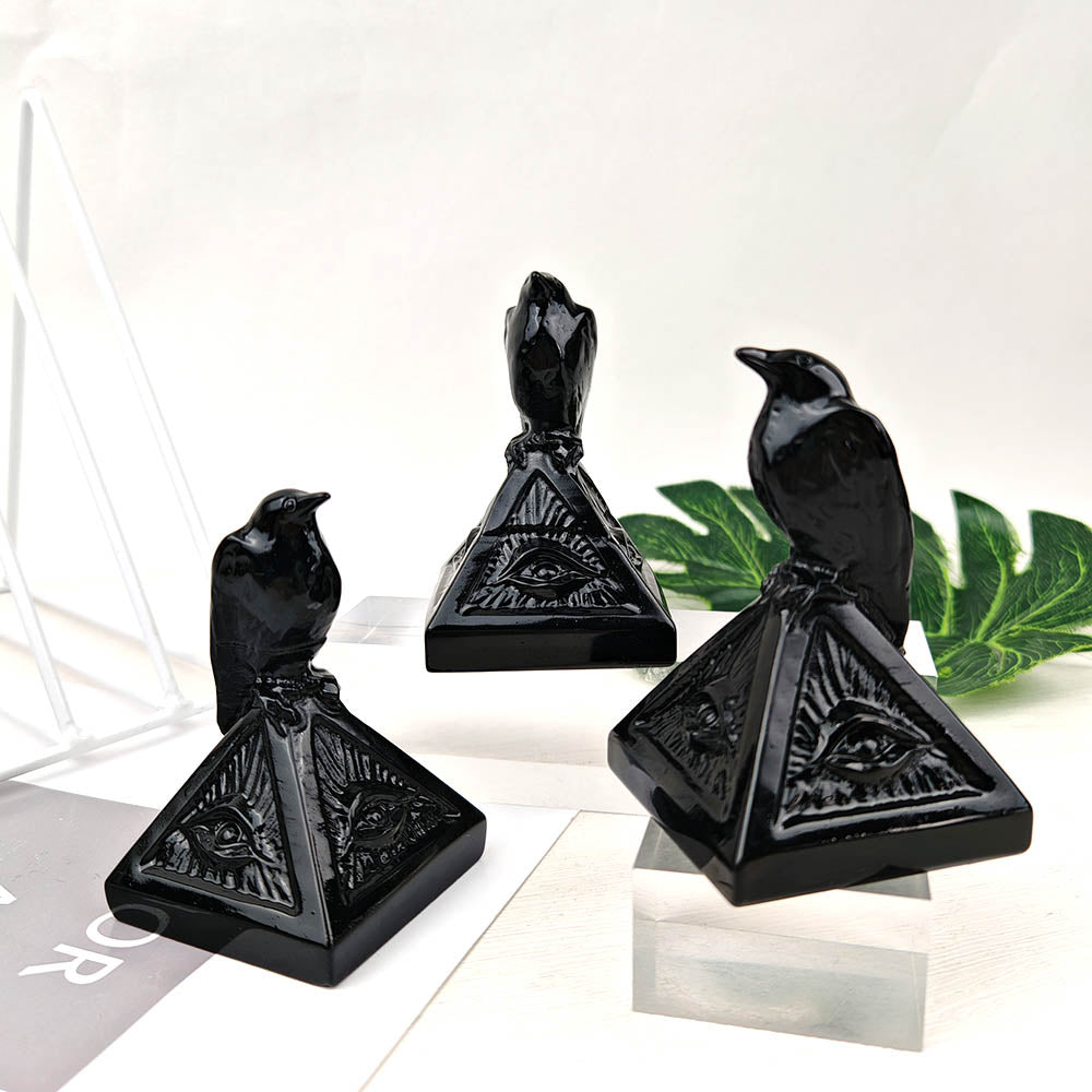 Obsidian Pyramid Crow Carving