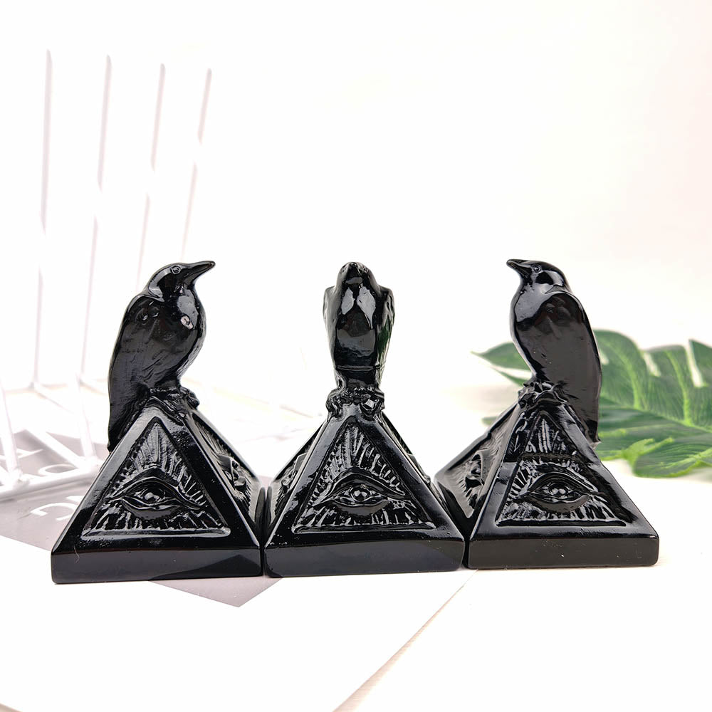 Obsidian Pyramid Crow Carving