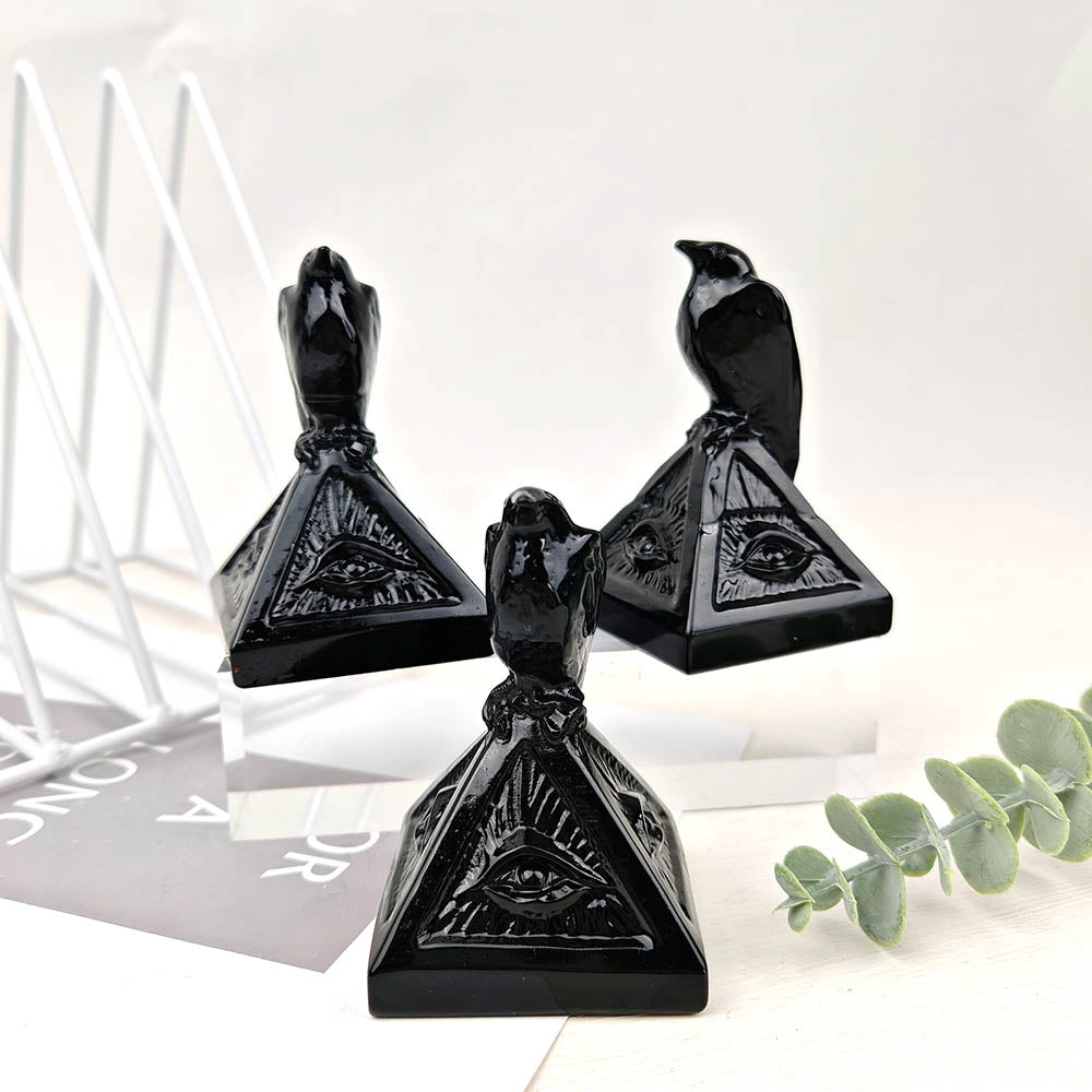 Obsidian Pyramid Crow Carving