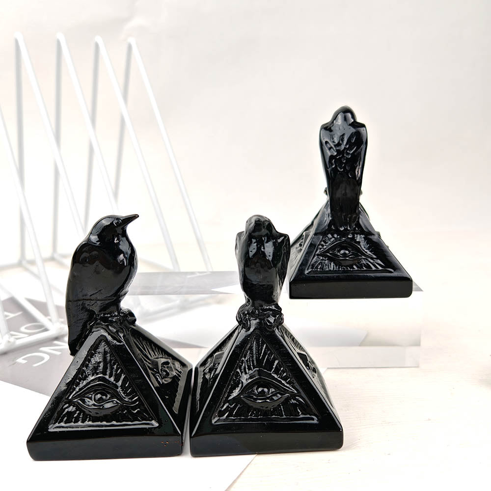 Obsidian Pyramid Crow Carving