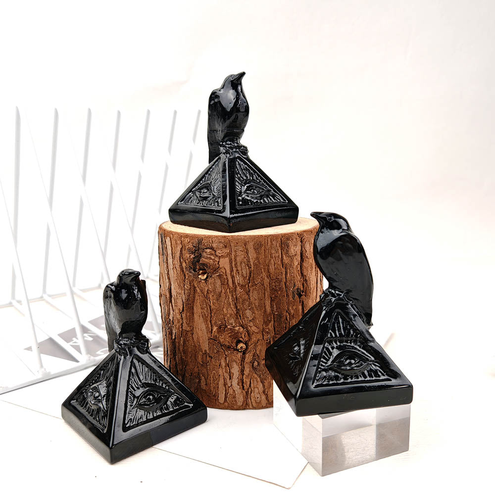 Obsidian Pyramid Crow Carving