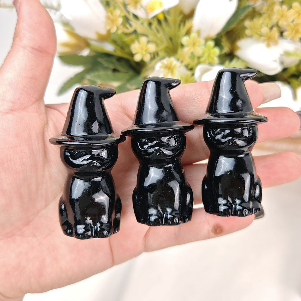 Obsidian Wizard Hat Cat Carving
