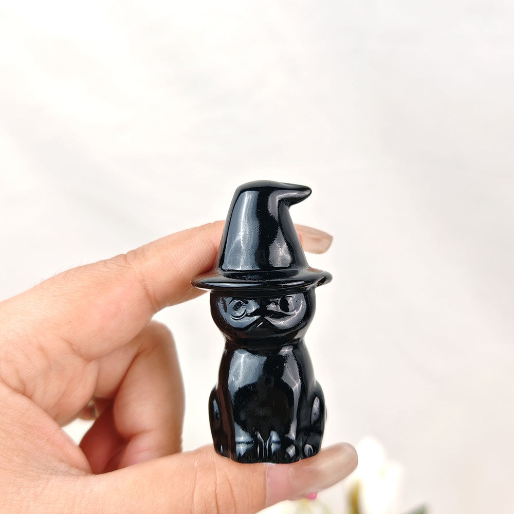 Obsidian Wizard Hat Cat Carving