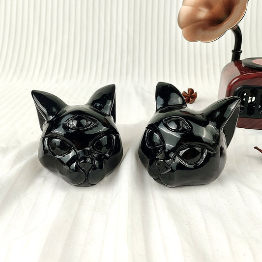 Obsidian Cat Head Carving