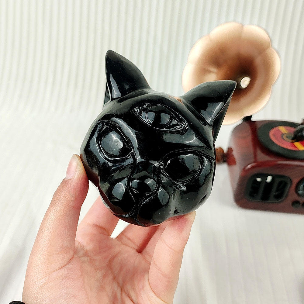 Obsidian Cat Head Carving
