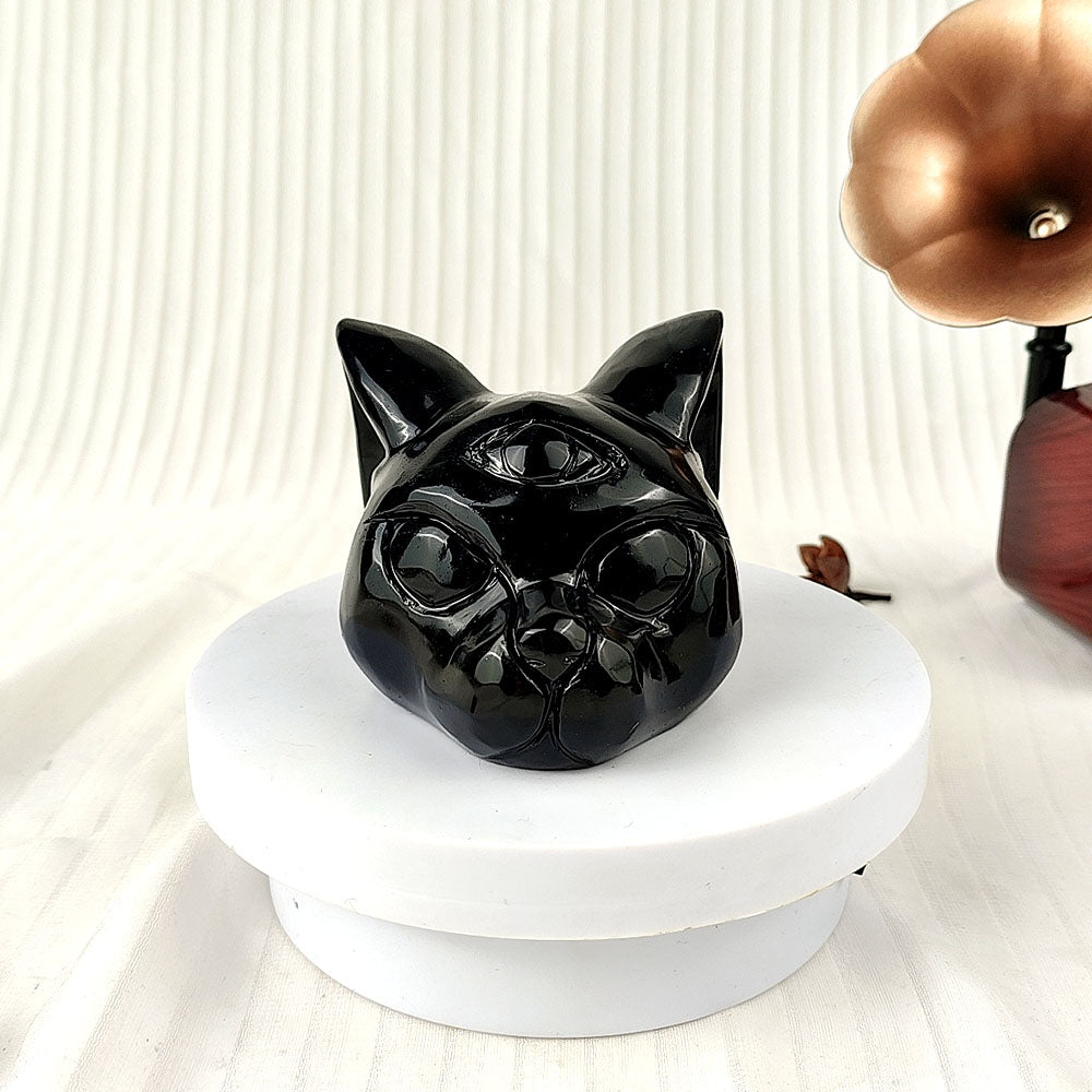 Obsidian Cat Head Carving