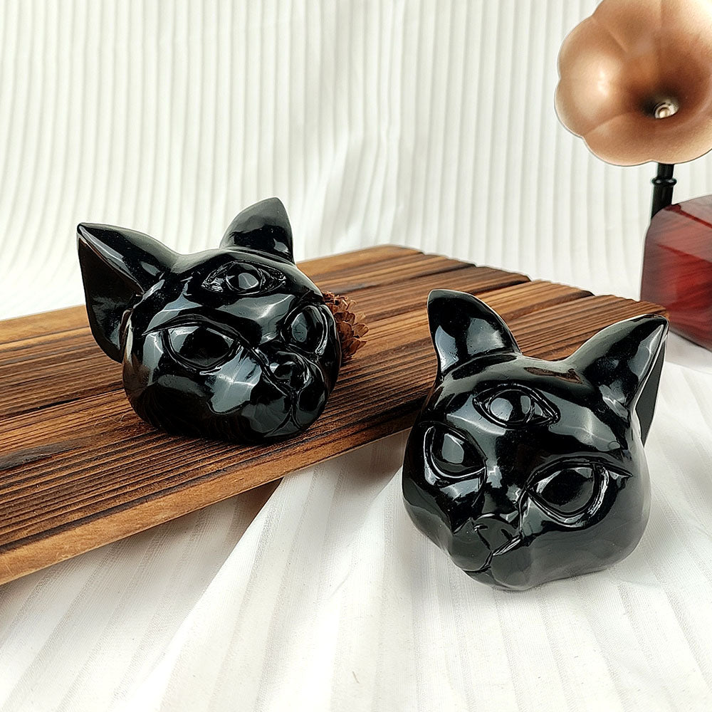 Obsidian Cat Head Carving