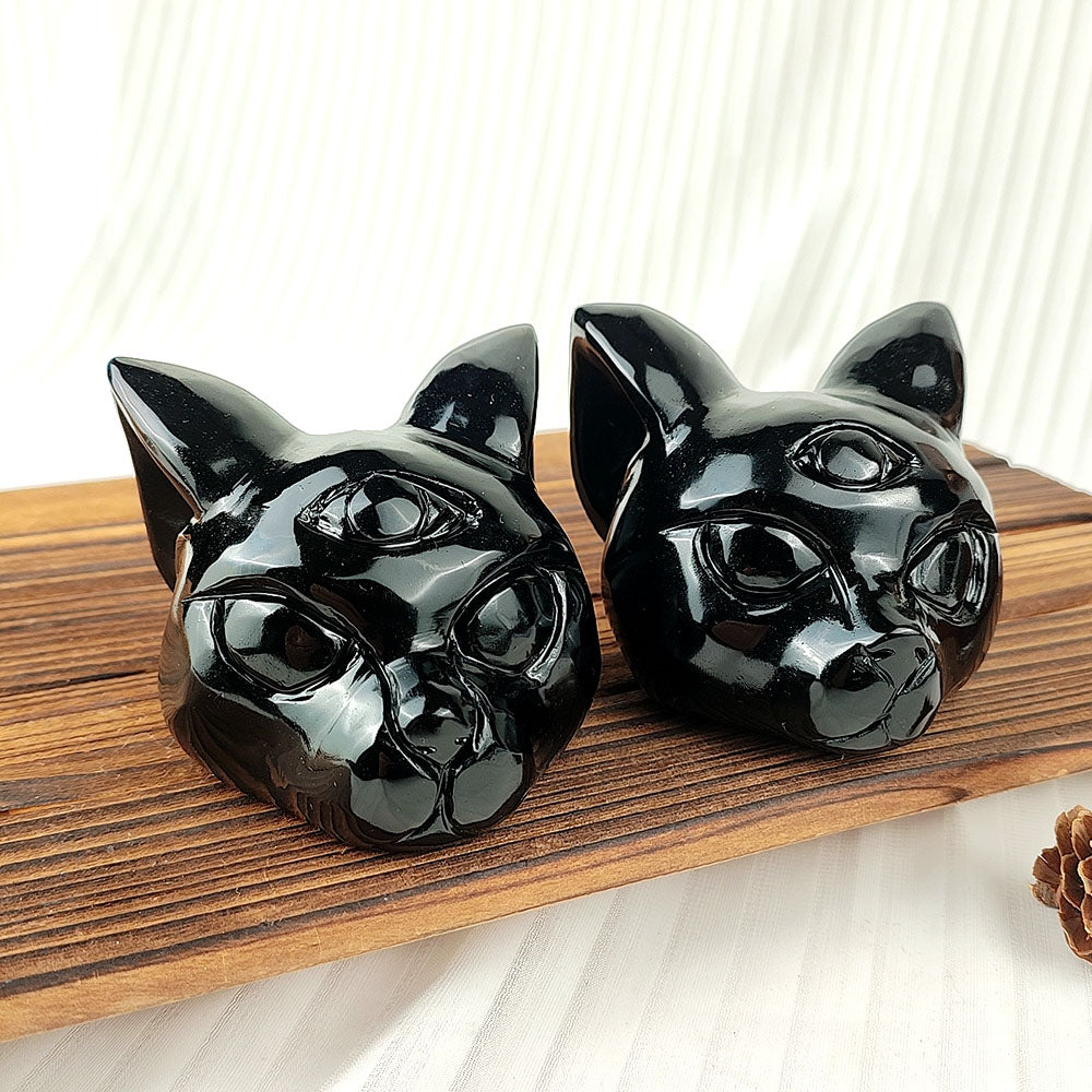 Obsidian Cat Head Carving
