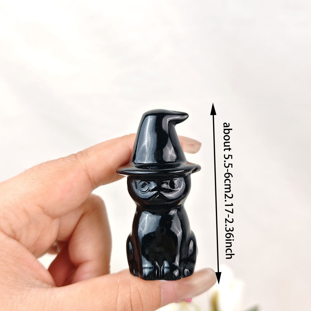 Obsidian Wizard Hat Cat Carving
