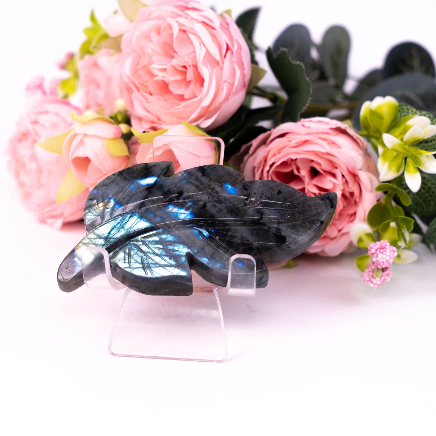 Labradorite Hand-carved Leaf Ornaments With Blue Light
