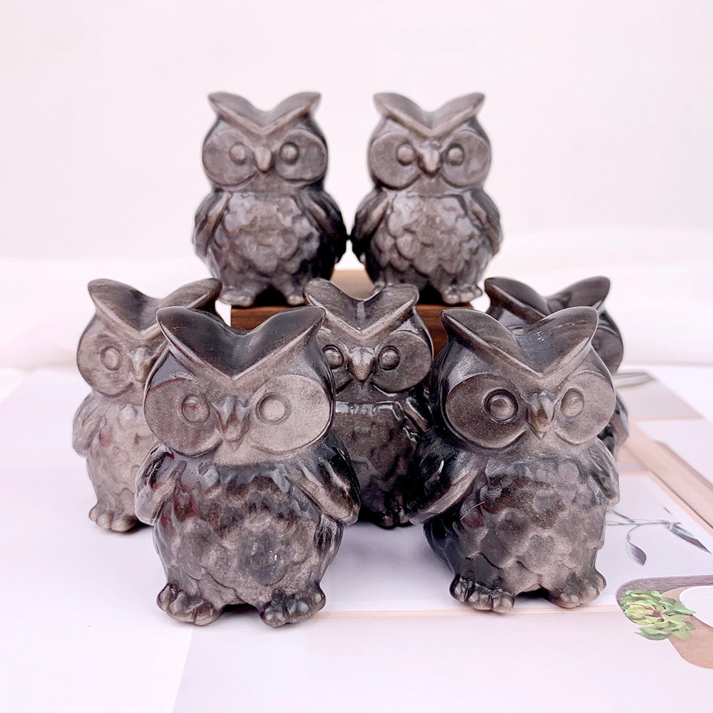 Silvery Obsidian Owl Carving