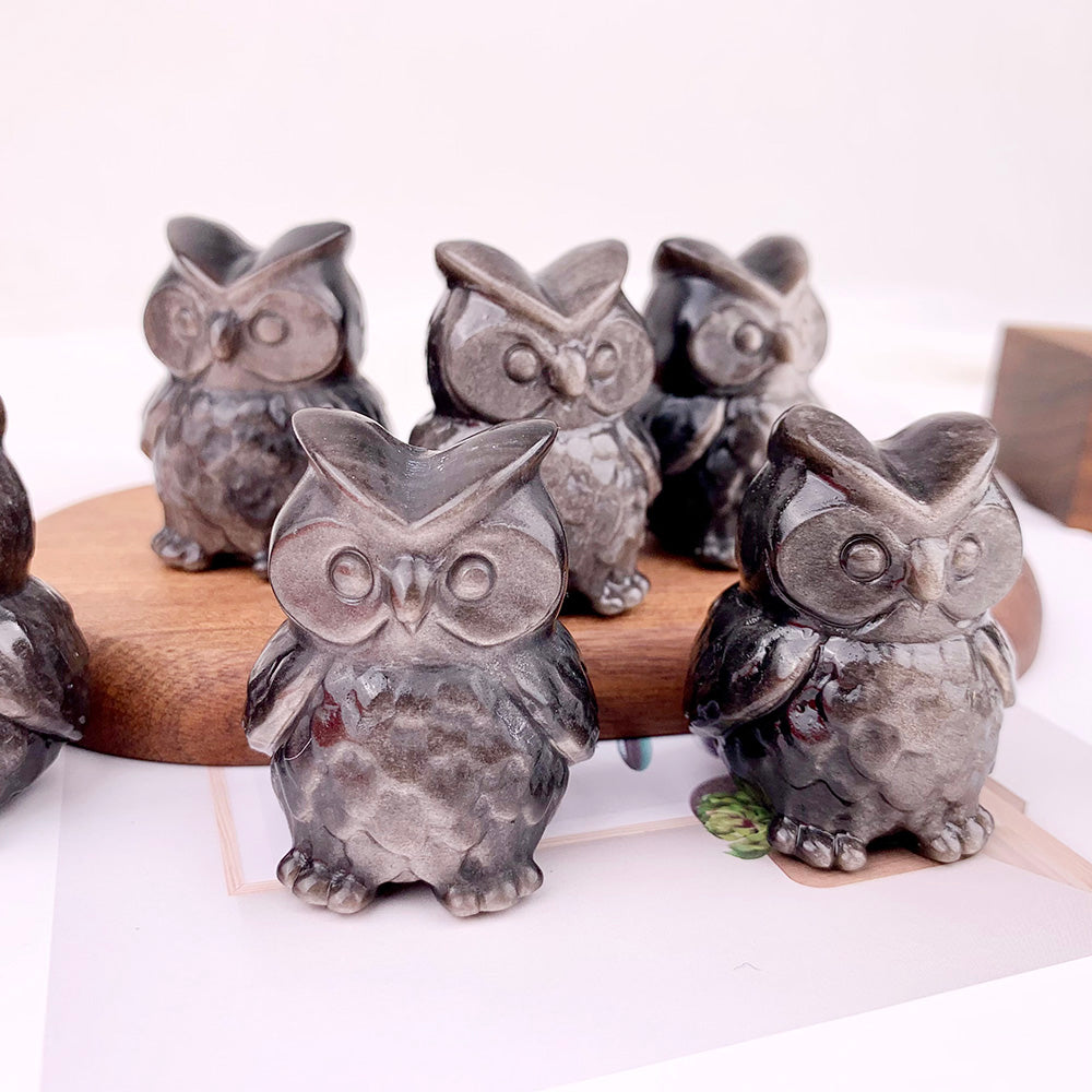 Silvery Obsidian Owl Carving