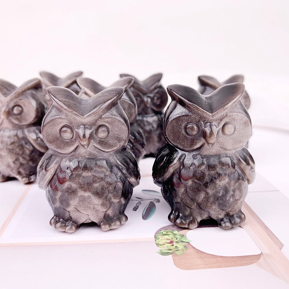 Silvery Obsidian Owl Carving