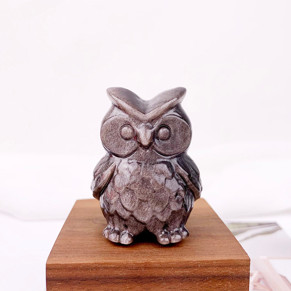 Silvery Obsidian Owl Carving