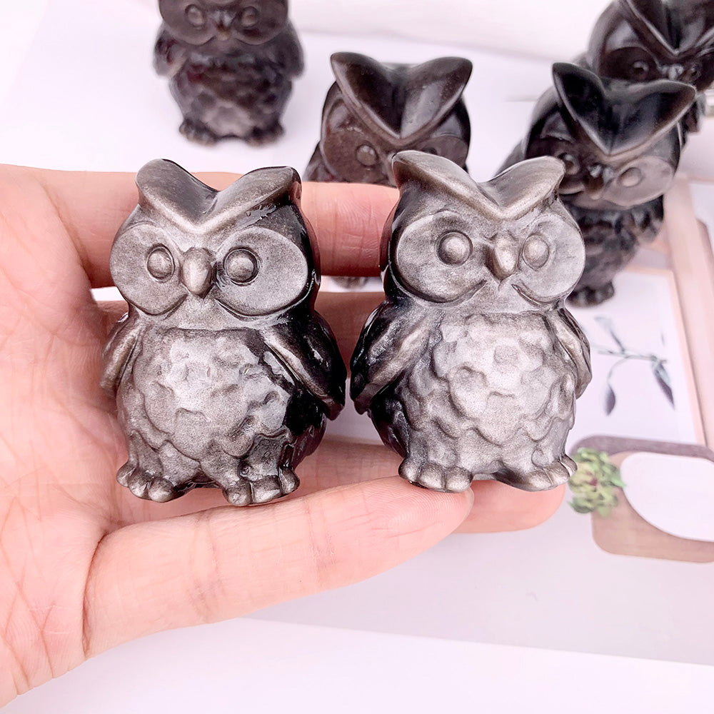Silvery Obsidian Owl Carving