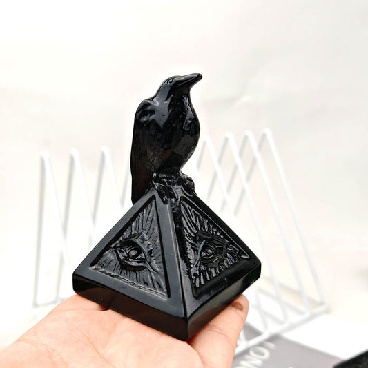 Obsidian Pyramid Crow Carving