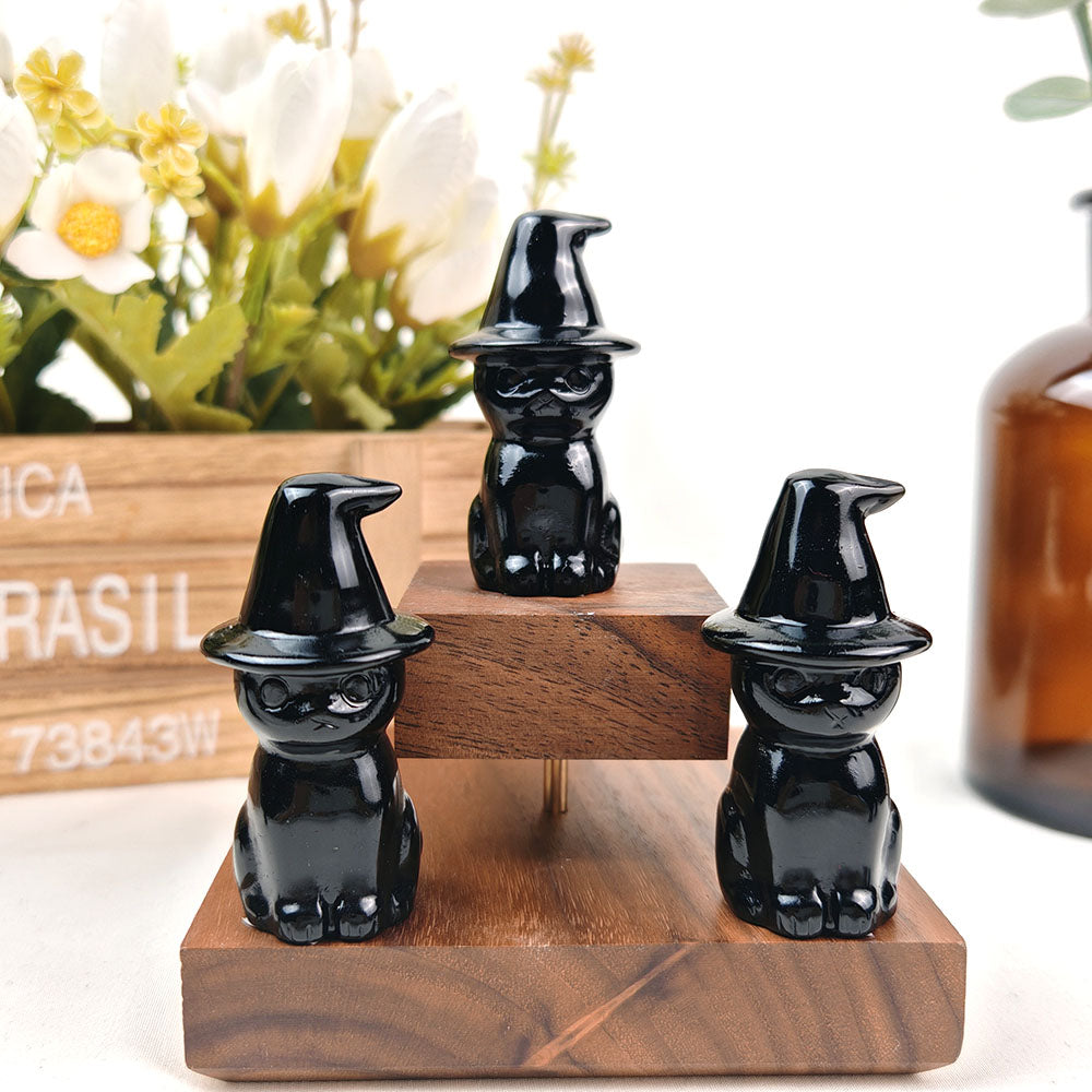 Obsidian Wizard Hat Cat Carving